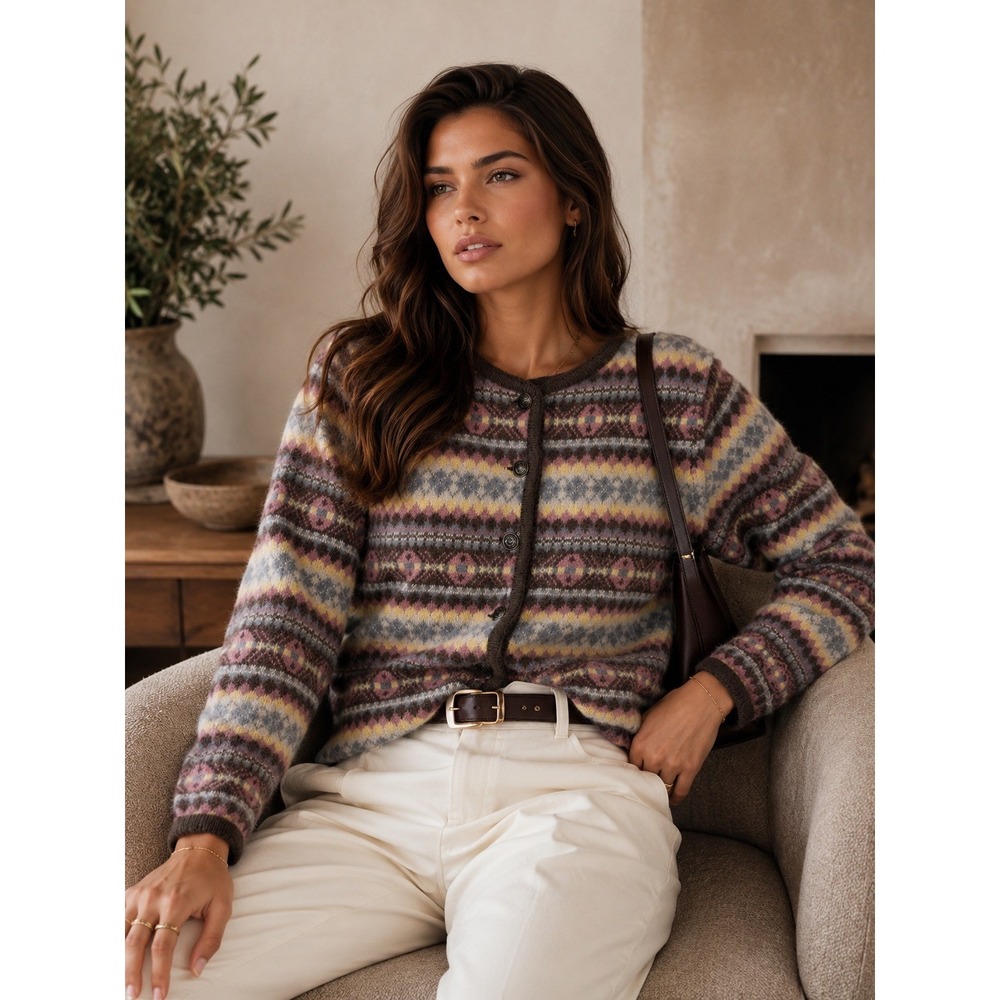 Vintage Tally-Ho Wool Nordic Cardigan Womens L Brown Fair Isle Cottagecore Boho